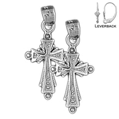 Sterling Silver 24mm Budded Cross Earrings (White or Yellow Gold Plated)