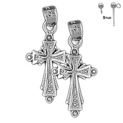 Sterling Silver 24mm Budded Cross Earrings (White or Yellow Gold Plated)