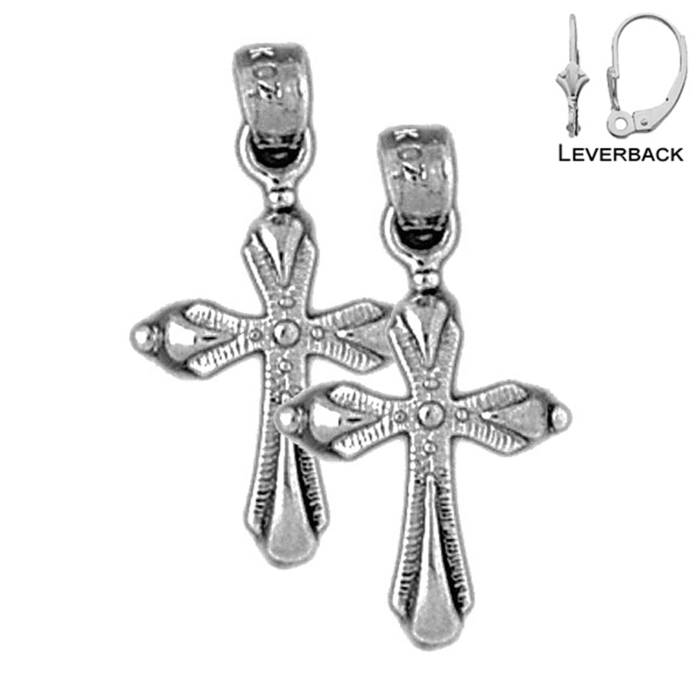 Sterling Silver 23mm Budded Cross Earrings (White or Yellow Gold Plated)