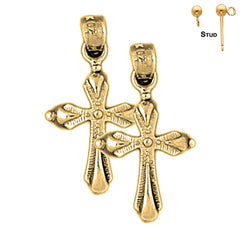 Sterling Silver 23mm Budded Cross Earrings (White or Yellow Gold Plated)