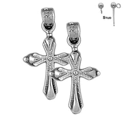 Sterling Silver 23mm Budded Cross Earrings (White or Yellow Gold Plated)