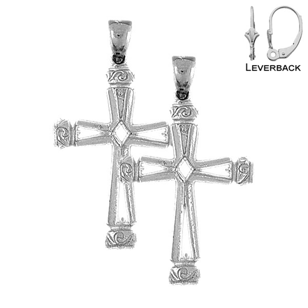 Sterling Silver 43mm Vine Cross Earrings (White or Yellow Gold Plated)