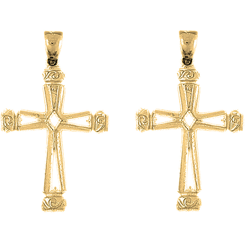 Yellow Gold-plated Silver 43mm Vine Cross Earrings