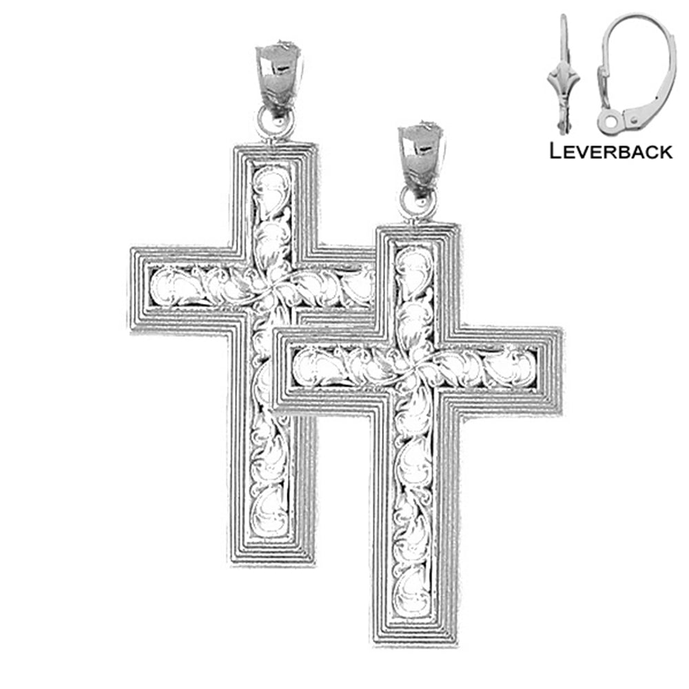 Sterling Silver 47mm Vine Cross Earrings (White or Yellow Gold Plated)
