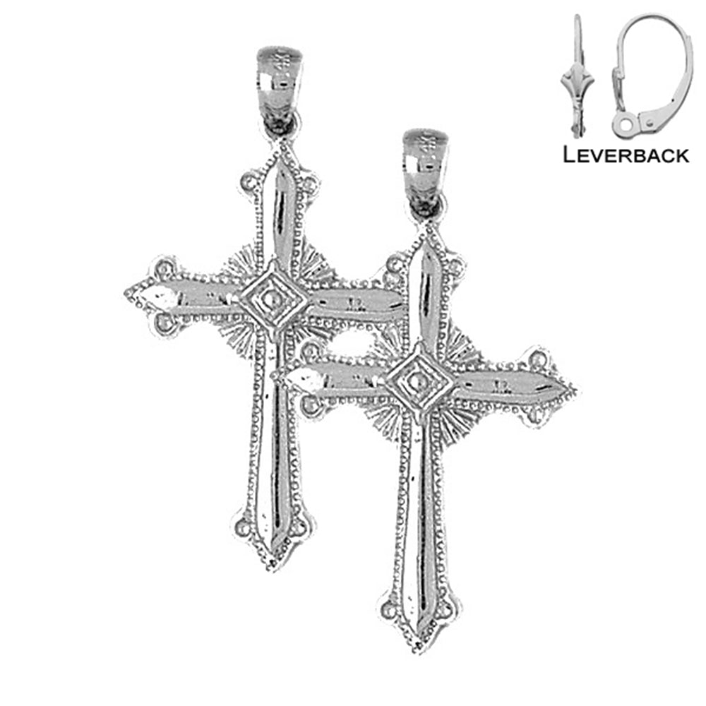 Sterling Silver 39mm Fleur de Lis Cross Earrings (White or Yellow Gold Plated)