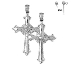 Sterling Silver 39mm Fleur de Lis Cross Earrings (White or Yellow Gold Plated)