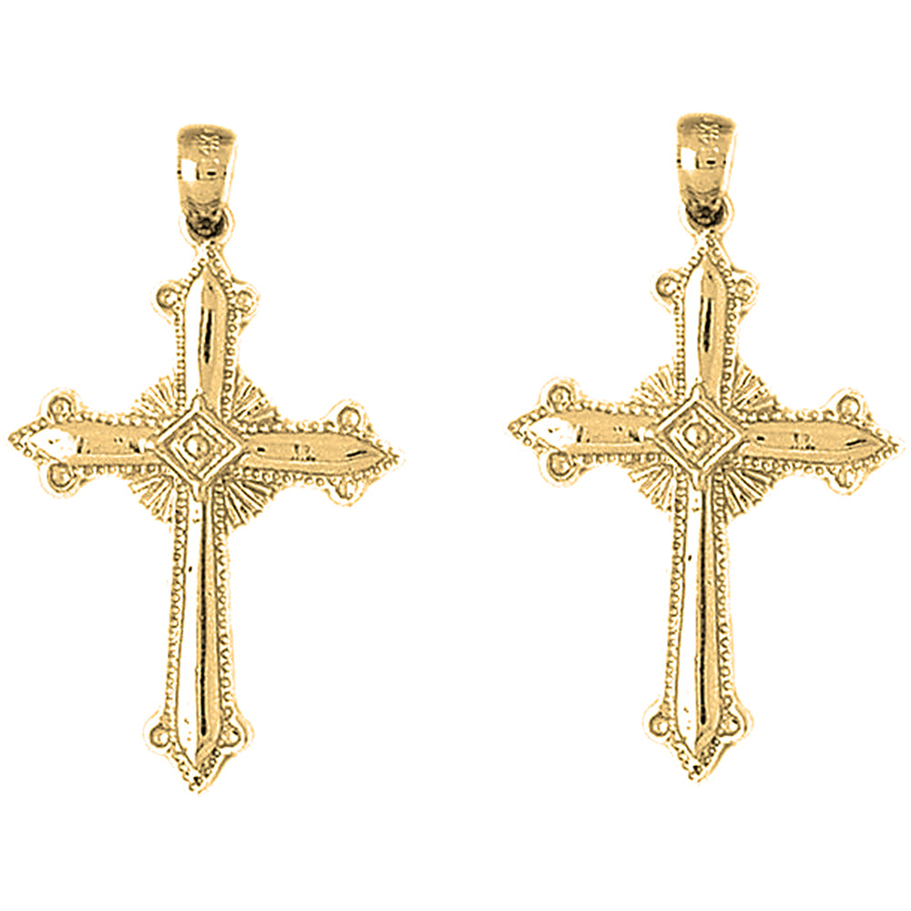 Yellow Gold-plated Silver 39mm Fleur de Lis Cross Earrings