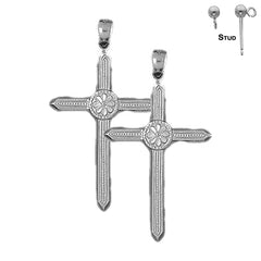 Sterling Silver 43mm Floral Cross Earrings (White or Yellow Gold Plated)