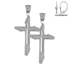 Sterling Silver 44mm Latin Cross Earrings (White or Yellow Gold Plated)