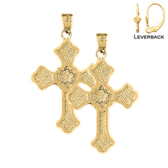 Sterling Silver 38mm Budded Cross Earrings (White or Yellow Gold Plated)