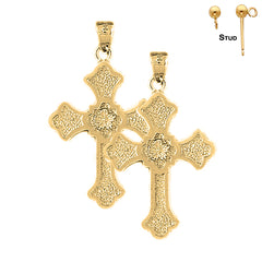 Sterling Silver 38mm Budded Cross Earrings (White or Yellow Gold Plated)