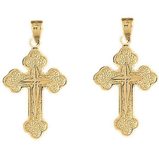 Yellow Gold-plated Silver 35mm Budded & Gyronny Cross Earrings