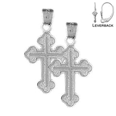 Sterling Silver 27mm Budded Cross Earrings (White or Yellow Gold Plated)