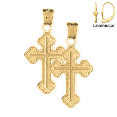 Sterling Silver 27mm Budded Cross Earrings (White or Yellow Gold Plated)
