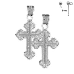 Sterling Silver 27mm Budded Cross Earrings (White or Yellow Gold Plated)