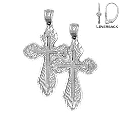 Sterling Silver 30mm Budded Cross Earrings (White or Yellow Gold Plated)