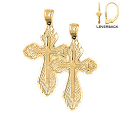 Sterling Silver 30mm Budded Cross Earrings (White or Yellow Gold Plated)