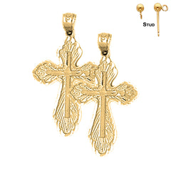 Sterling Silver 30mm Budded Cross Earrings (White or Yellow Gold Plated)