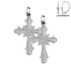 Sterling Silver 27mm Budded Cross Earrings (White or Yellow Gold Plated)