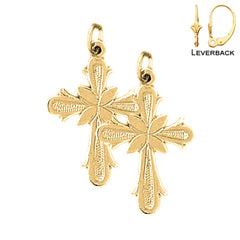 Sterling Silver 27mm Budded Cross Earrings (White or Yellow Gold Plated)