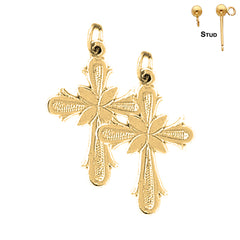 Sterling Silver 27mm Budded Cross Earrings (White or Yellow Gold Plated)