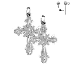 Sterling Silver 27mm Budded Cross Earrings (White or Yellow Gold Plated)