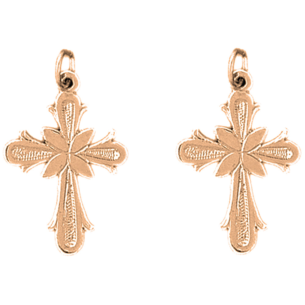 14K or 18K Gold 27mm Budded Cross Earrings