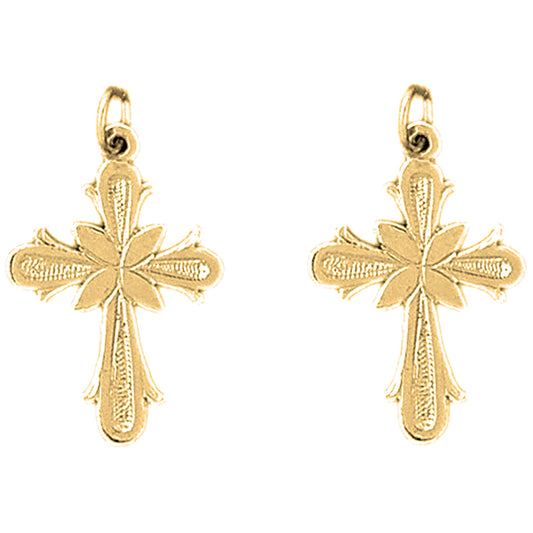 Yellow Gold-plated Silver 27mm Budded Cross Earrings