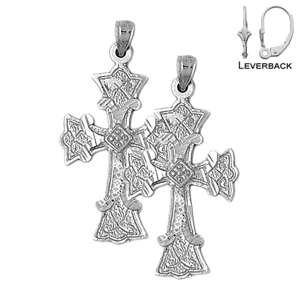 Sterling Silver 37mm Budded Cross Earrings (White or Yellow Gold Plated)