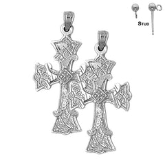 Sterling Silver 37mm Budded Cross Earrings (White or Yellow Gold Plated)