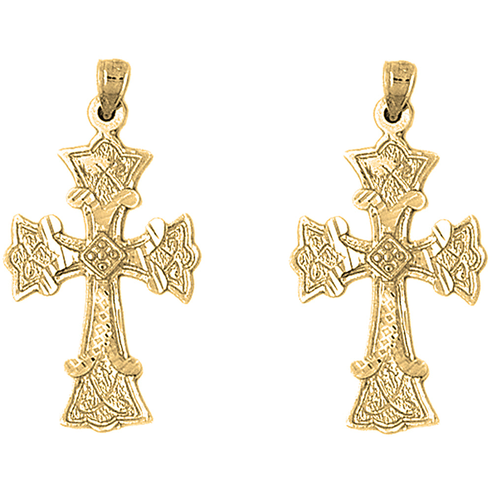 Yellow Gold-plated Silver 37mm Budded Cross Earrings