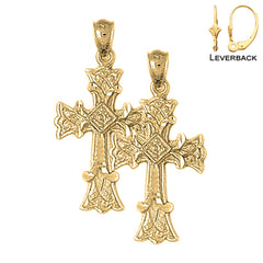 Sterling Silver 32mm Budded Cross Earrings (White or Yellow Gold Plated)