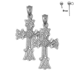 Sterling Silver 32mm Budded Cross Earrings (White or Yellow Gold Plated)