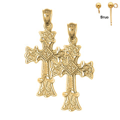 Sterling Silver 32mm Budded Cross Earrings (White or Yellow Gold Plated)