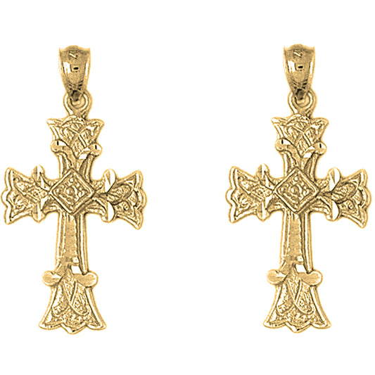 Yellow Gold-plated Silver 32mm Budded Cross Earrings
