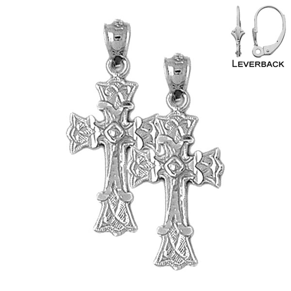 Sterling Silver 29mm Budded Cross Earrings (White or Yellow Gold Plated)