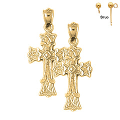 Sterling Silver 29mm Budded Cross Earrings (White or Yellow Gold Plated)