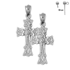 Sterling Silver 29mm Budded Cross Earrings (White or Yellow Gold Plated)