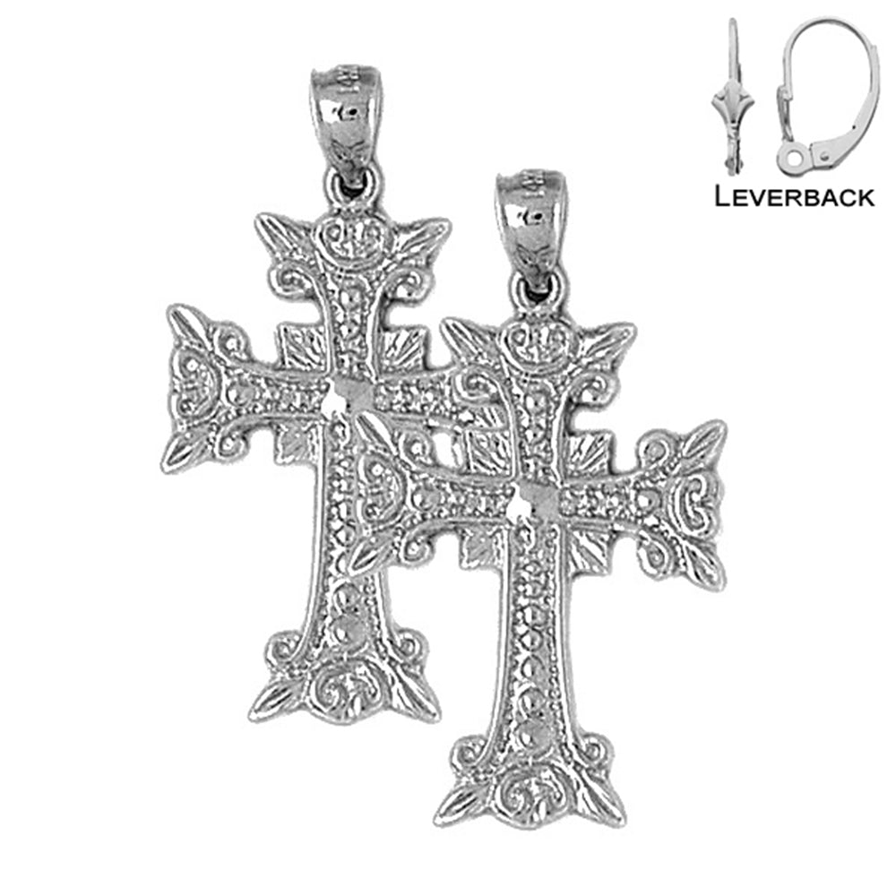 Sterling Silver 34mm Budded Glory Cross Earrings (White or Yellow Gold Plated)