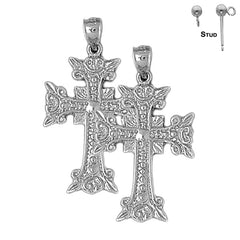 Sterling Silver 34mm Budded Glory Cross Earrings (White or Yellow Gold Plated)