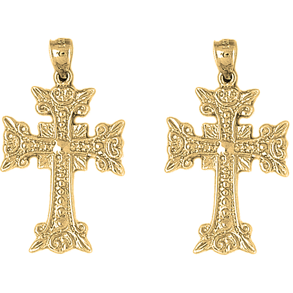 Yellow Gold-plated Silver 34mm Budded Glory Cross Earrings