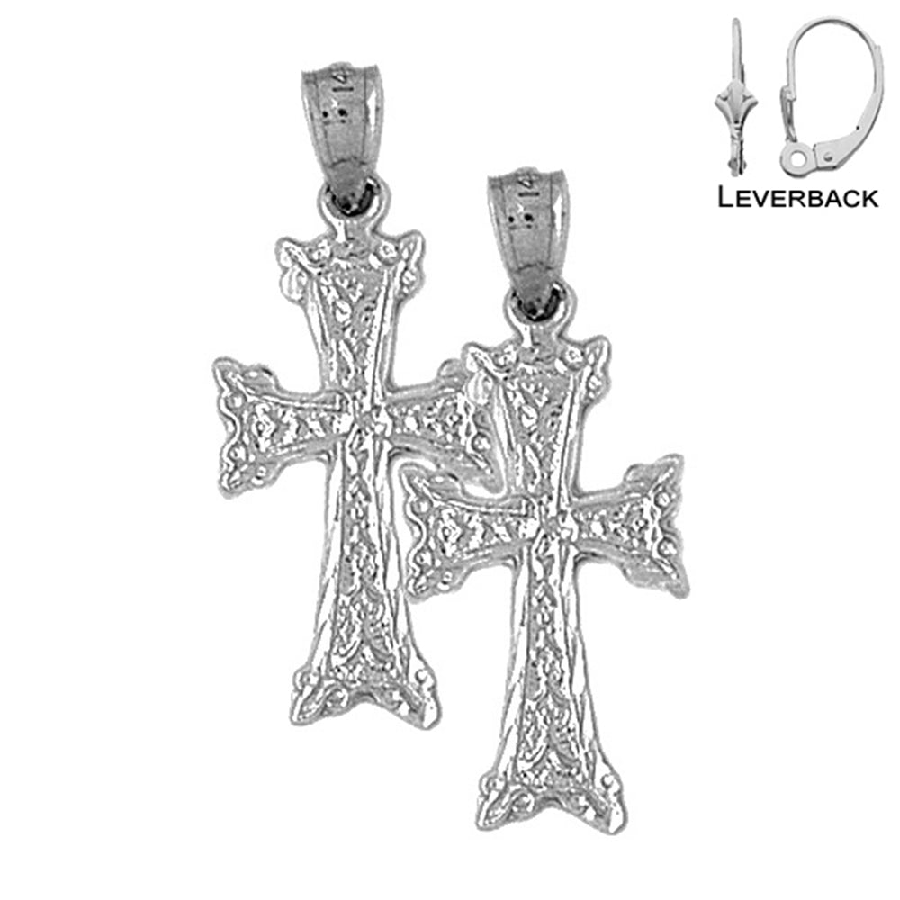 Sterling Silver 31mm Budded Cross Earrings (White or Yellow Gold Plated)