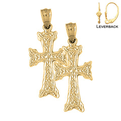 Sterling Silver 31mm Budded Cross Earrings (White or Yellow Gold Plated)