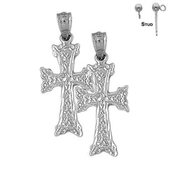 Sterling Silver 31mm Budded Cross Earrings (White or Yellow Gold Plated)