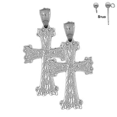 Sterling Silver 40mm Budded Cross Earrings (White or Yellow Gold Plated)