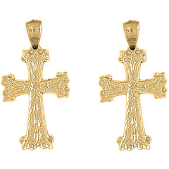 Yellow Gold-plated Silver 40mm Budded Cross Earrings