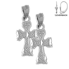 Sterling Silver 20mm Budded Cross Earrings (White or Yellow Gold Plated)