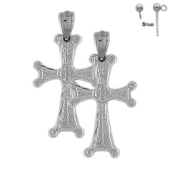 Sterling Silver 30mm Budded Cross Earrings (White or Yellow Gold Plated)