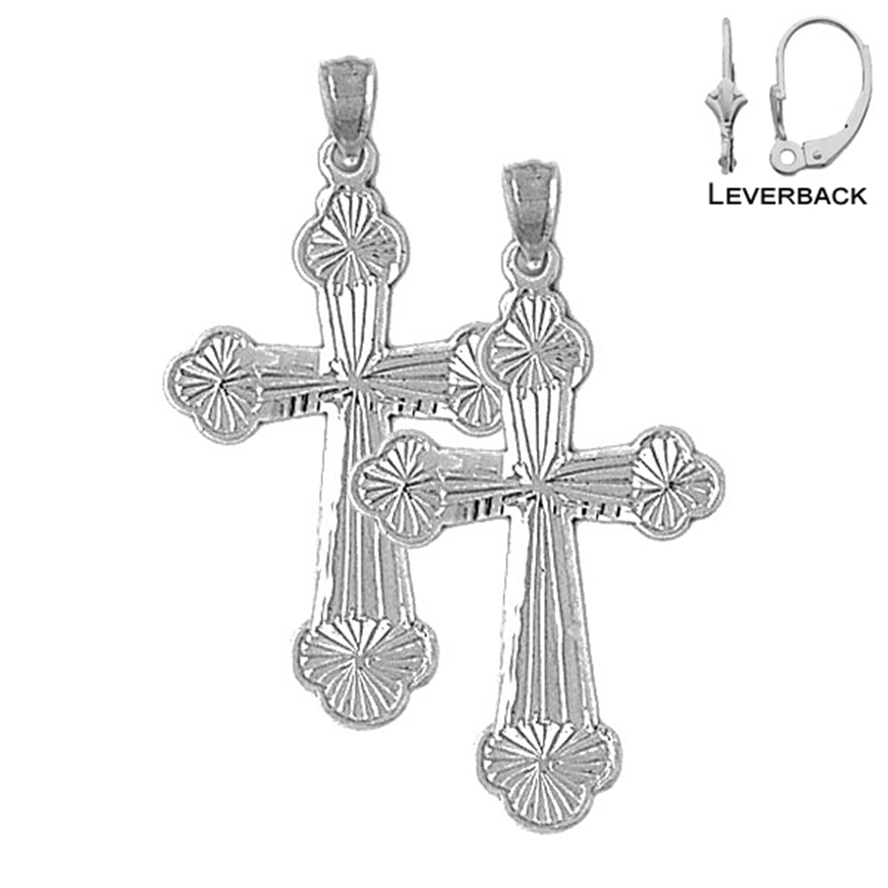 Sterling Silver 37mm Budded Cross Earrings (White or Yellow Gold Plated)