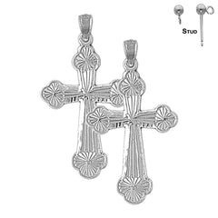 Sterling Silver 37mm Budded Cross Earrings (White or Yellow Gold Plated)